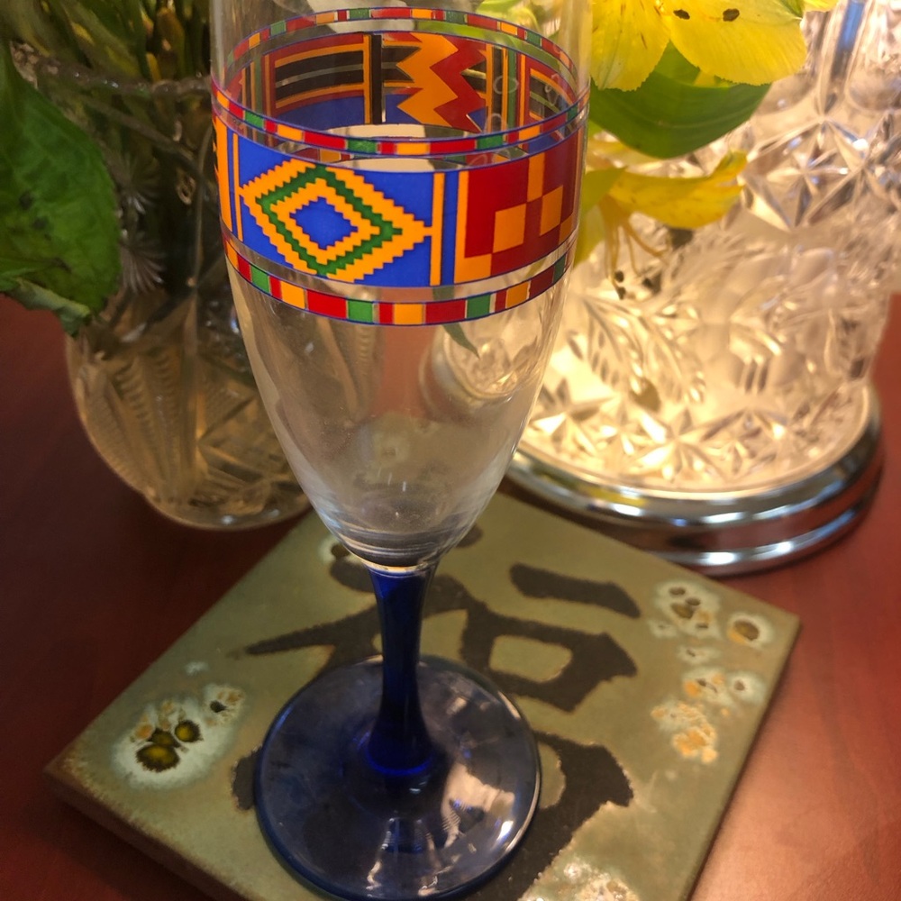 Black History Month KWANZAA; Avon Kente Pattern Champagne Flute; Gold Blue Red